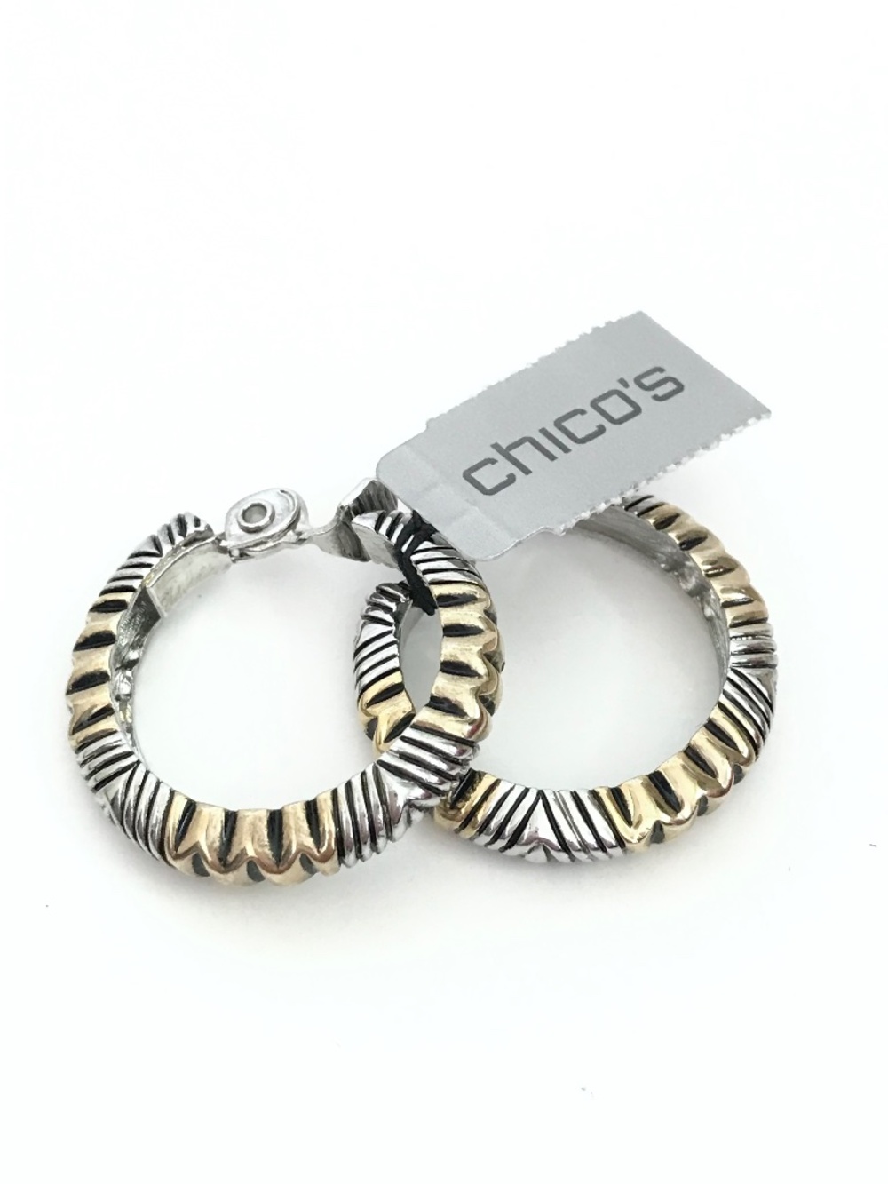 CHICO’S Hoop Earrings Boho Clip On NWT Silver and Gold Tone